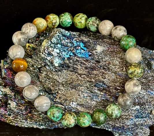 TRANQUIL POWER BRACELET – AFRICAN TURQUOISE, TIGER EYE & MAP STONE