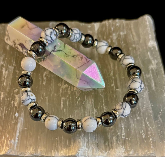 WHITE TURQUOISE & HEMATITE ENERGY PROTECTION BRACELET – 8MM BEADS FOR MEDIUM WRISTS