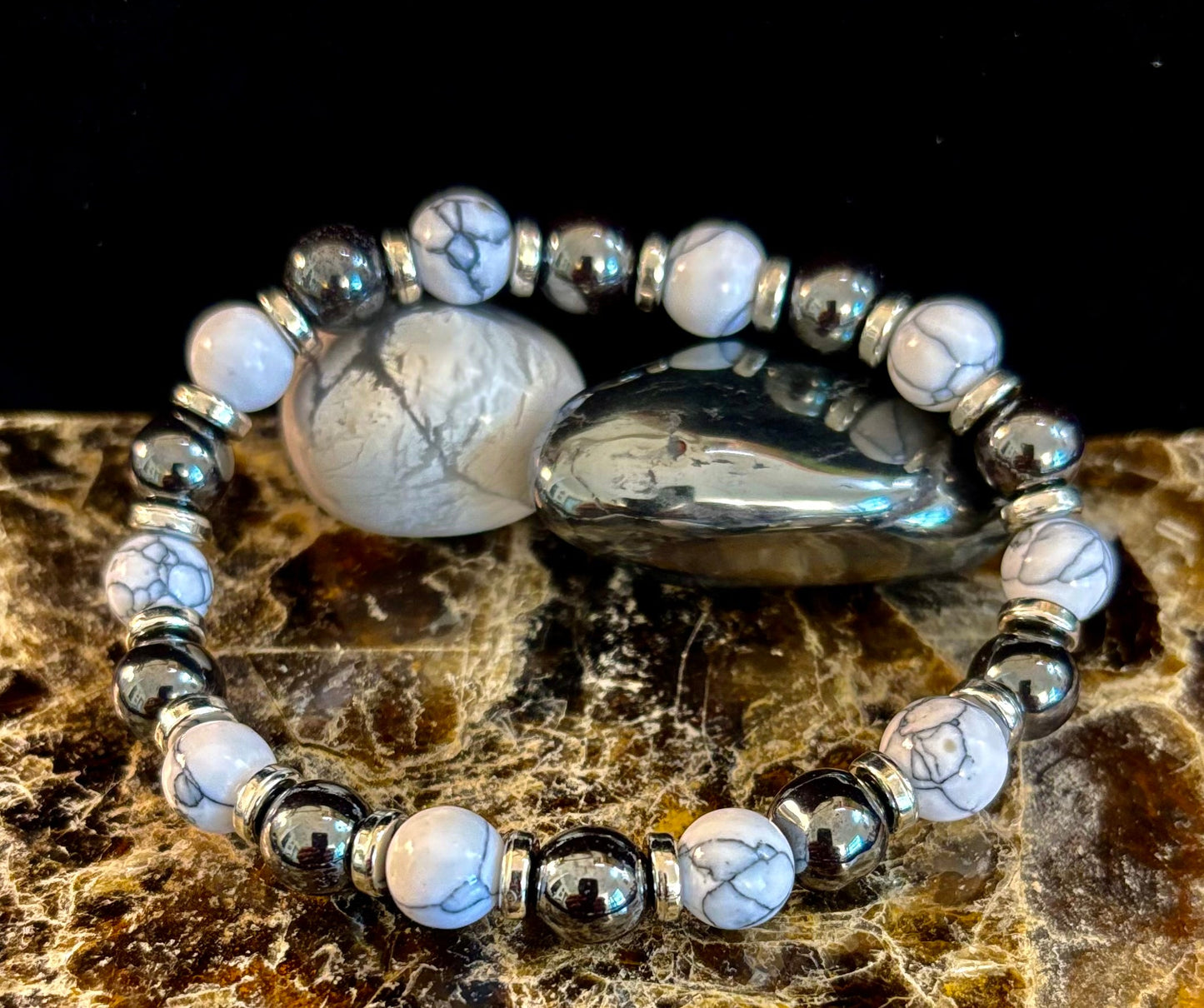 WHITE TURQUOISE & HEMATITE ENERGY PROTECTION BRACELET – 8MM BEADS FOR MEDIUM WRISTS