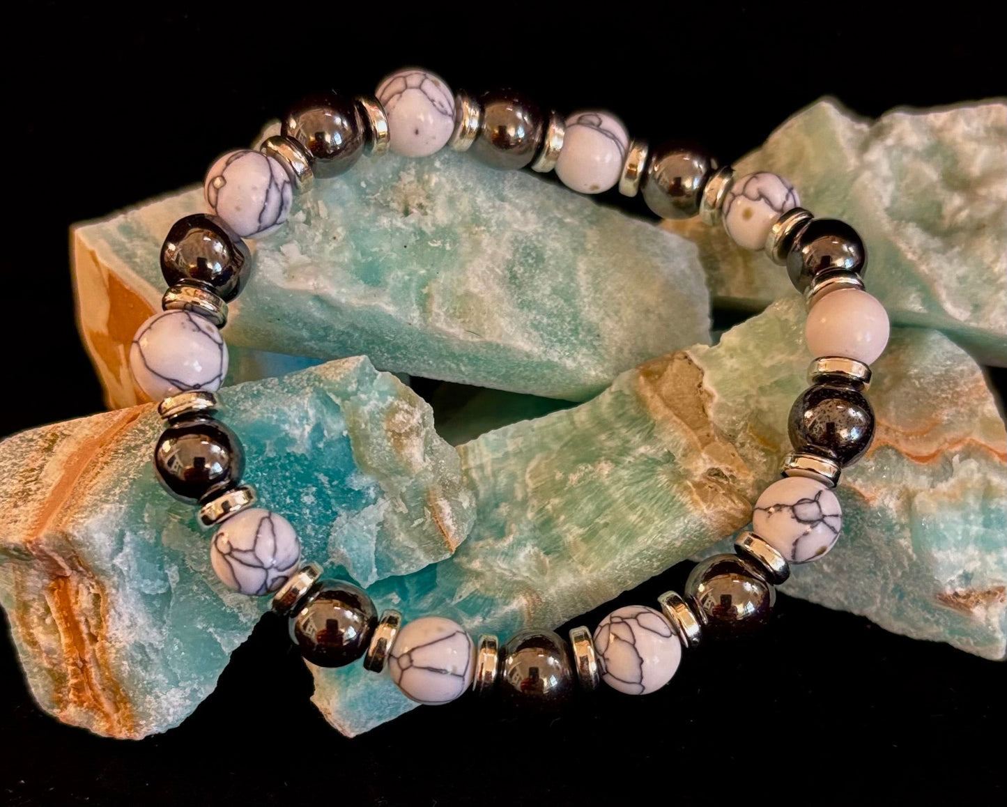 WHITE TURQUOISE & HEMATITE ENERGY PROTECTION BRACELET – 8MM BEADS FOR MEDIUM WRISTS
