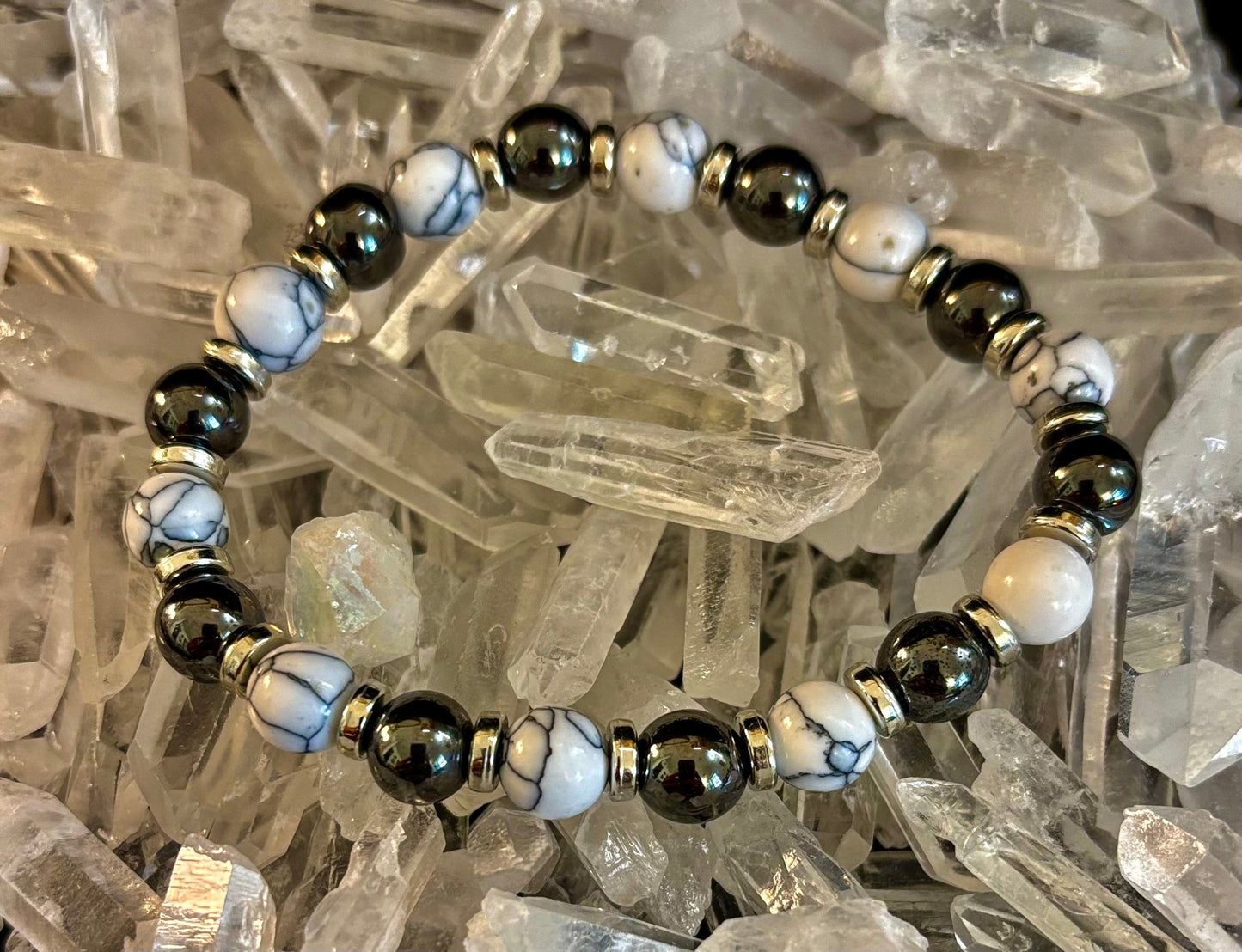 WHITE TURQUOISE & HEMATITE ENERGY PROTECTION BRACELET – 8MM BEADS FOR MEDIUM WRISTS