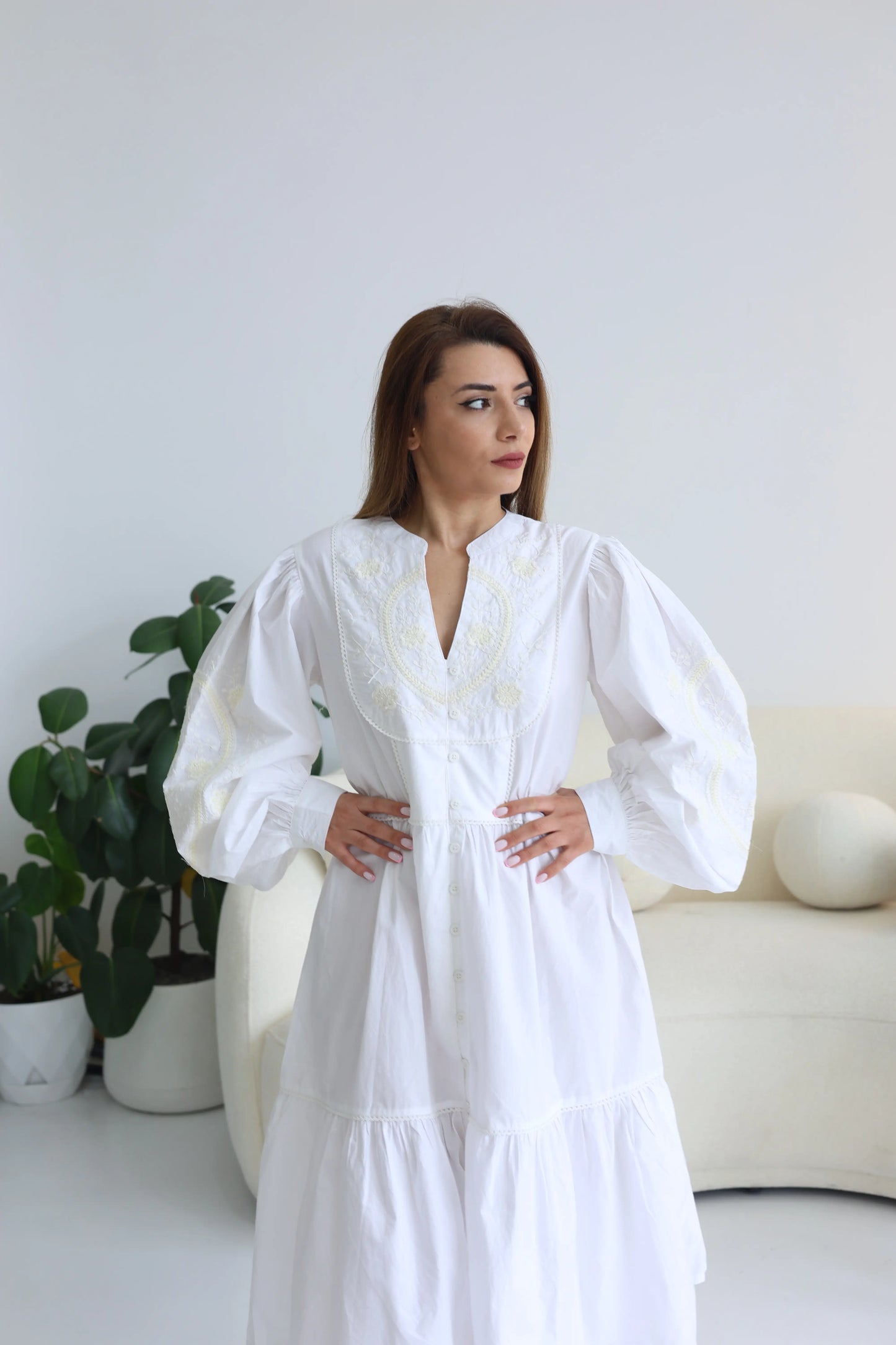 TONAL EMBROIDERED OFF WHITE CASUAL MIDI DRESS - S TO 3XL