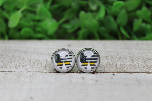 911 DISPATCHER YELLOW LINE FLAG BOW GLASS STUD EARRINGS