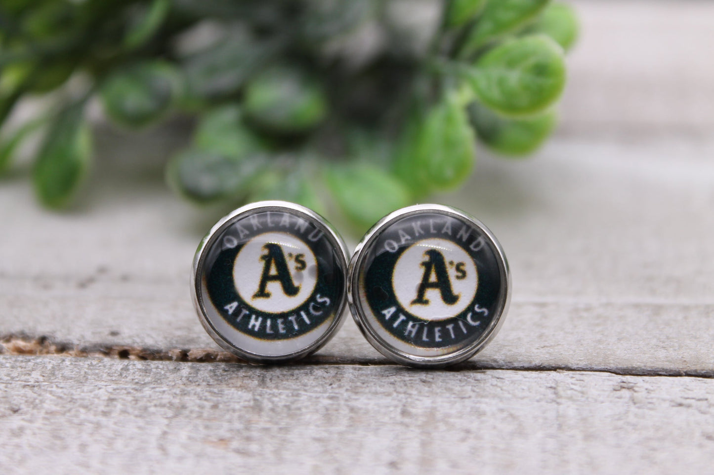 ATHLETICS BASEBALL || 12MM GLASS STUD EARRINGS || HYPOALLERGENIC