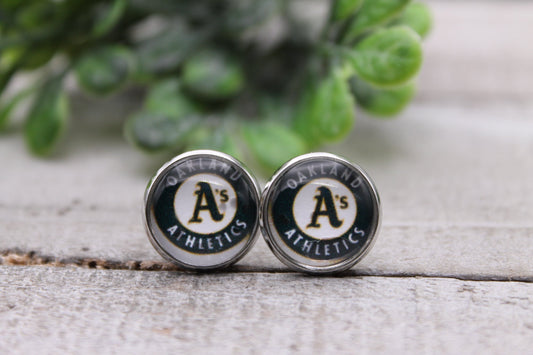 ATHLETICS BASEBALL || 12MM GLASS STUD EARRINGS || HYPOALLERGENIC