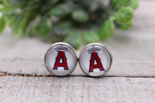 ANGELS BASEBALL || 12MM GLASS STUD EARRINGS || HYPOALLERGENIC