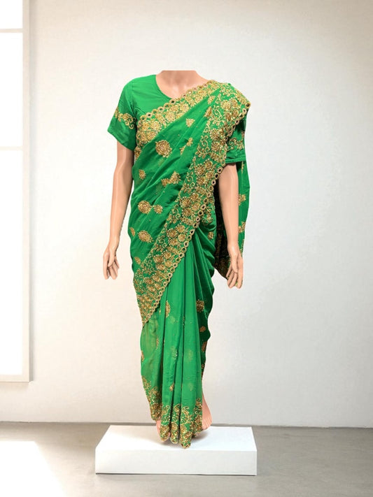 TRADITIONAL DESIGNER GREEN SAREE WITH READY BLOUSE – ELEGANT INDIAN ETHNIC WEAR
