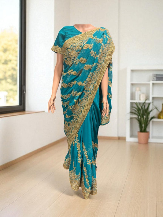 TRADITIONAL DESIGNER SAREE WITH READY BLOUSE – ELEGANT INDIAN ETHNIC WEAR- 015