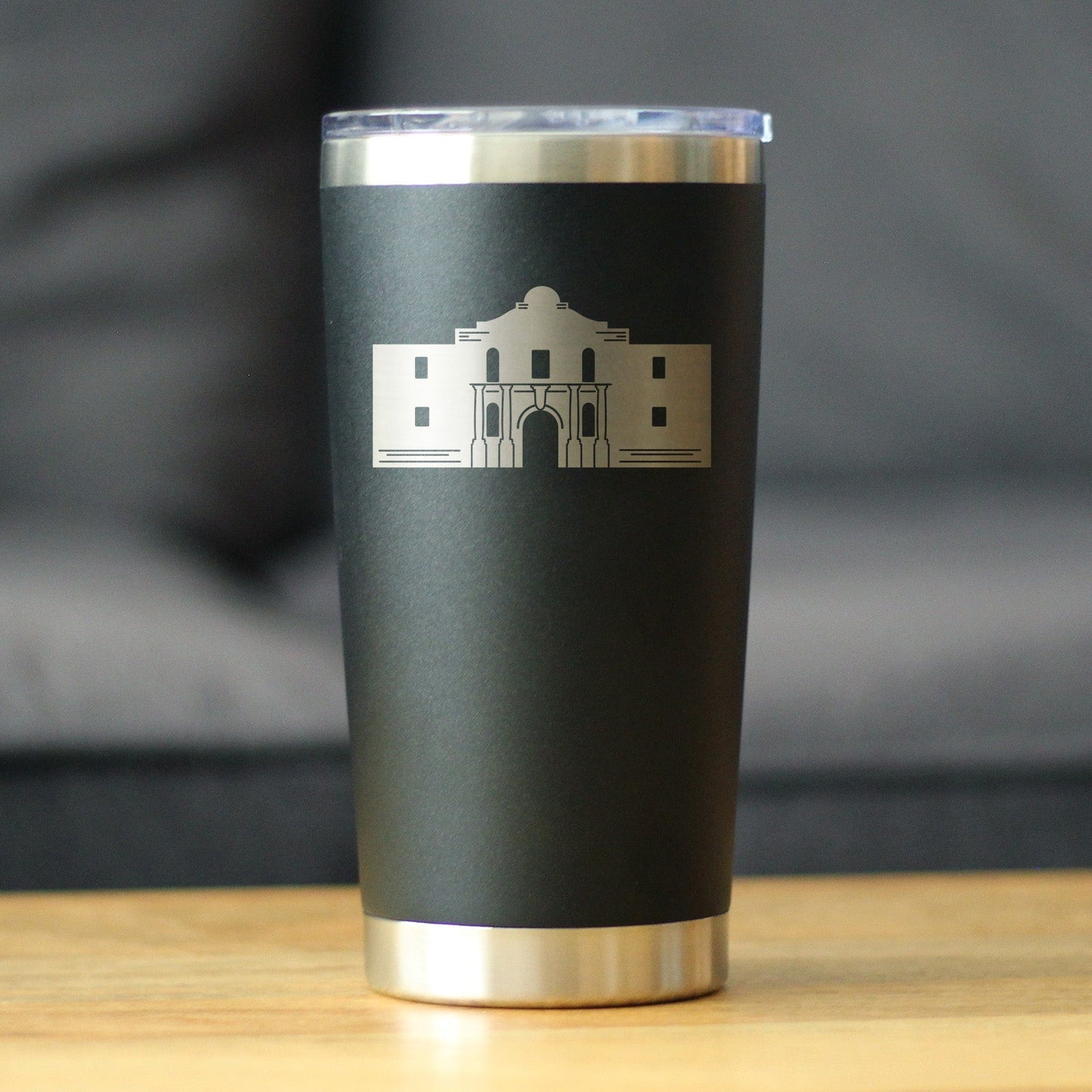 THE ALAMO - INSULATED COFFEE TUMBLER CUP WITH SLIDING LID - STAINLESS STEEL INSULATED MUG - STATE OF TEXAS GIFTS AND SOUVENIRS FOR TEXANS