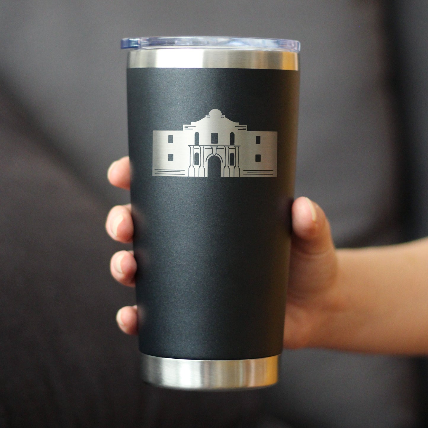 THE ALAMO - INSULATED COFFEE TUMBLER CUP WITH SLIDING LID - STAINLESS STEEL INSULATED MUG - STATE OF TEXAS GIFTS AND SOUVENIRS FOR TEXANS