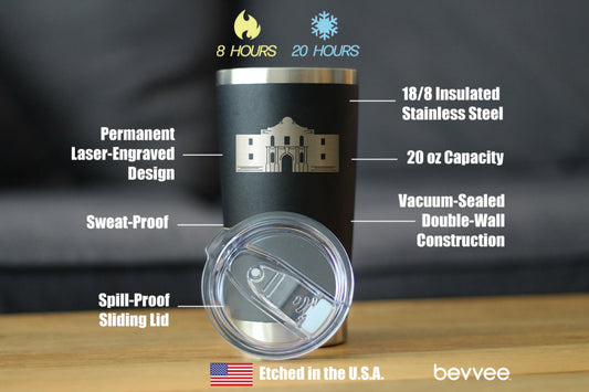 THE ALAMO - INSULATED COFFEE TUMBLER CUP WITH SLIDING LID - STAINLESS STEEL INSULATED MUG - STATE OF TEXAS GIFTS AND SOUVENIRS FOR TEXANS