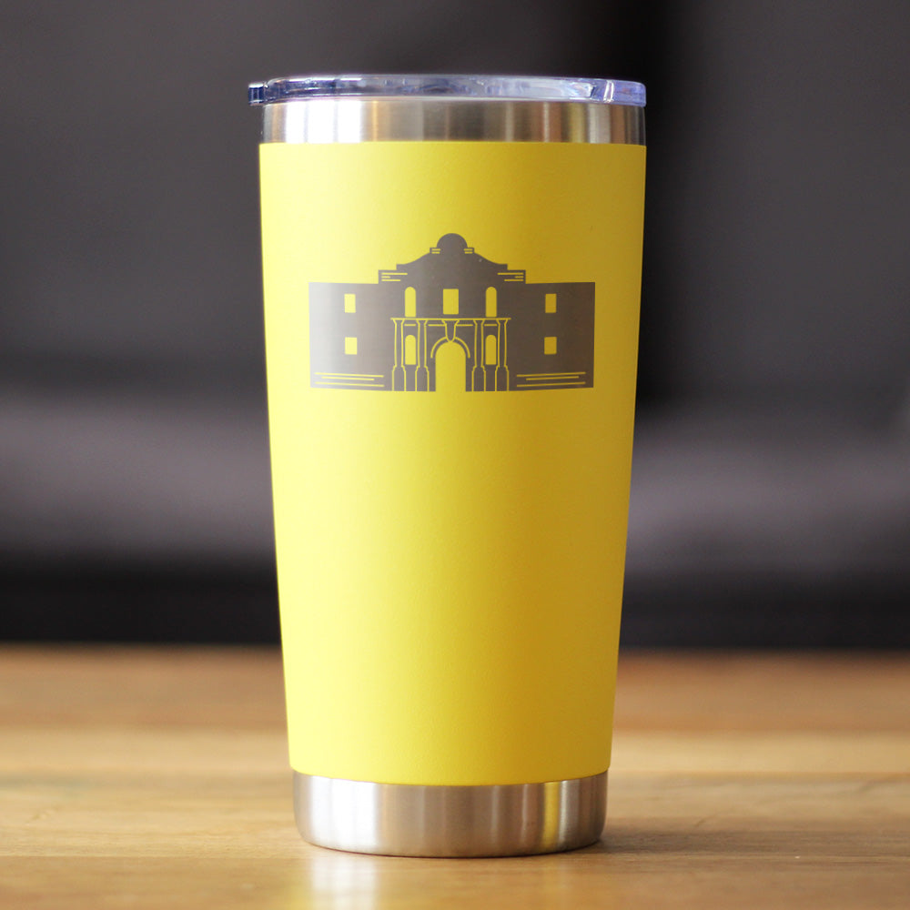 THE ALAMO - INSULATED COFFEE TUMBLER CUP WITH SLIDING LID - STAINLESS STEEL INSULATED MUG - STATE OF TEXAS GIFTS AND SOUVENIRS FOR TEXANS