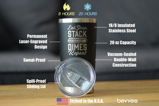 STACK DIMES - INSULATED COFFEE TUMBLER CUP WITH SLIDING LID - STAINLESS STEEL INSULATED MUG - UNIQUE GIFTS FOR WELDERS