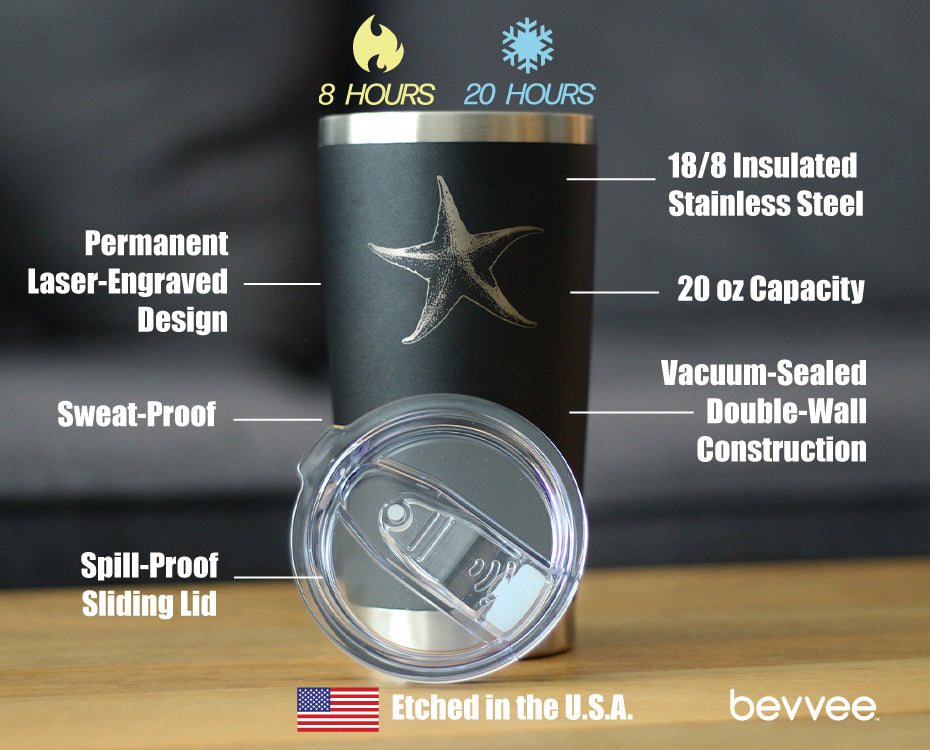 STARFISH - INSULATED COFFEE TUMBLER CUP WITH SLIDING LID - STAINLESS STEEL TRAVEL MUG - UNIQUE OCEAN GIFTS FOR WOMEN AND MEN