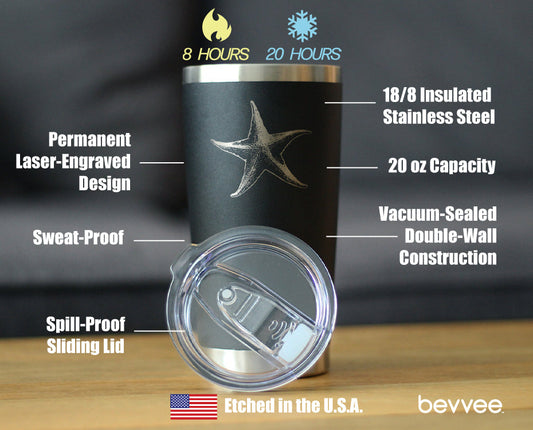 STARFISH - INSULATED COFFEE TUMBLER CUP WITH SLIDING LID - STAINLESS STEEL TRAVEL MUG - UNIQUE OCEAN GIFTS FOR WOMEN AND MEN