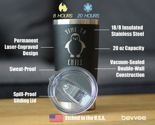 TIME TO CHILL - INSULATED COFFEE TUMBLER CUP WITH SLIDING LID - STAINLESS STEEL TRAVEL MUG - CUTE PENGUIN GIFTS FOR WOMEN AND MEN