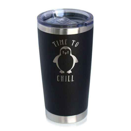 TIME TO CHILL - INSULATED COFFEE TUMBLER CUP WITH SLIDING LID - STAINLESS STEEL TRAVEL MUG - CUTE PENGUIN GIFTS FOR WOMEN AND MEN