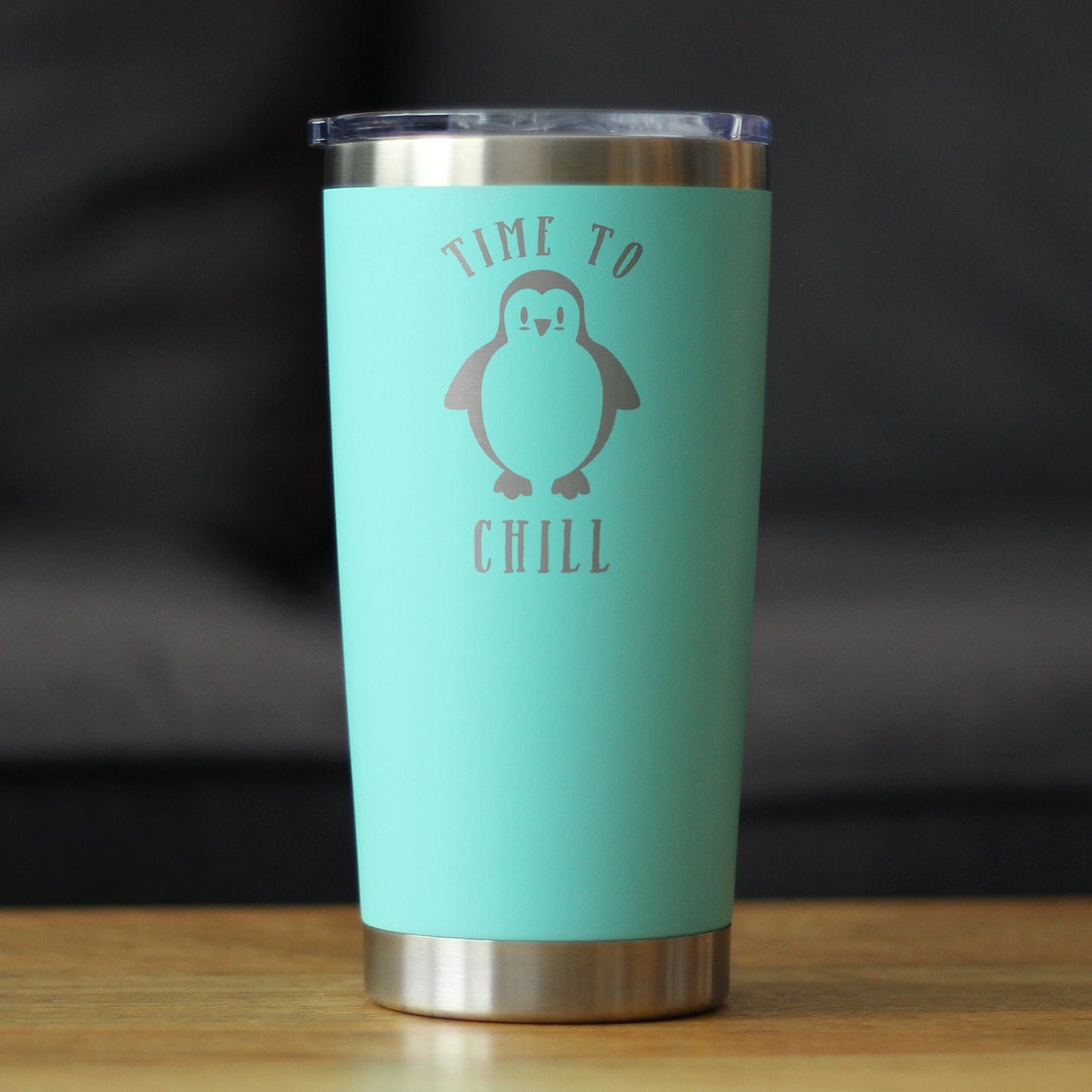 TIME TO CHILL - INSULATED COFFEE TUMBLER CUP WITH SLIDING LID - STAINLESS STEEL TRAVEL MUG - CUTE PENGUIN GIFTS FOR WOMEN AND MEN