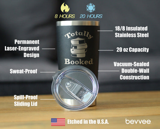 TOTALLY BOOKED - INSULATED COFFEE TUMBLER CUP WITH SLIDING LID - STAINLESS STEEL TRAVEL MUG - UNIQUE READING GIFTS FOR WOMEN AND MEN READERS