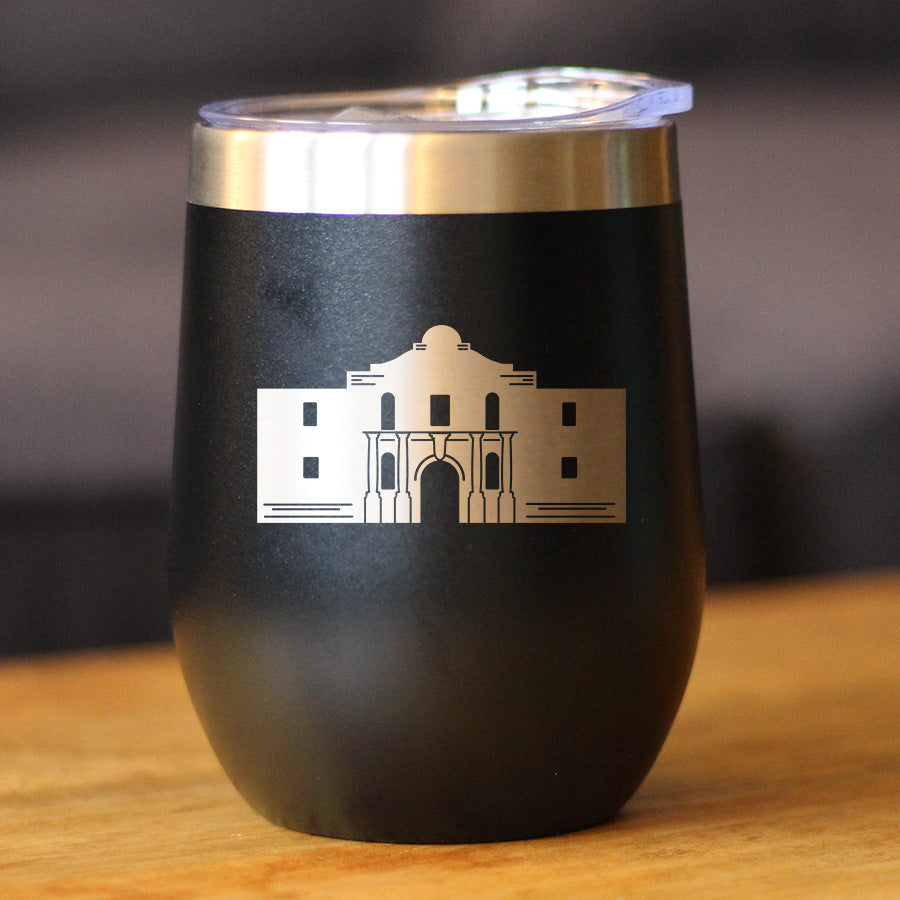 THE ALAMO - WINE TUMBLER CUP WITH SLIDING LID - STAINLESS STEEL INSULATED MUG - STATE OF TEXAS GIFTS AND SOUVENIRS FOR TEXANS