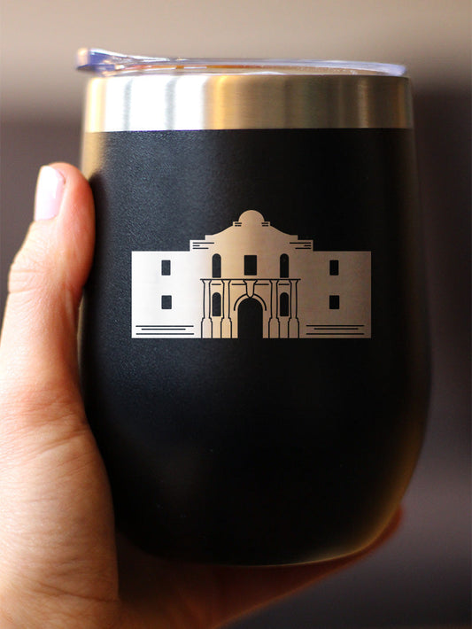 THE ALAMO - WINE TUMBLER CUP WITH SLIDING LID - STAINLESS STEEL INSULATED MUG - STATE OF TEXAS GIFTS AND SOUVENIRS FOR TEXANS