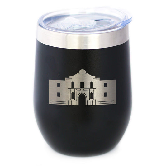 THE ALAMO - WINE TUMBLER CUP WITH SLIDING LID - STAINLESS STEEL INSULATED MUG - STATE OF TEXAS GIFTS AND SOUVENIRS FOR TEXANS