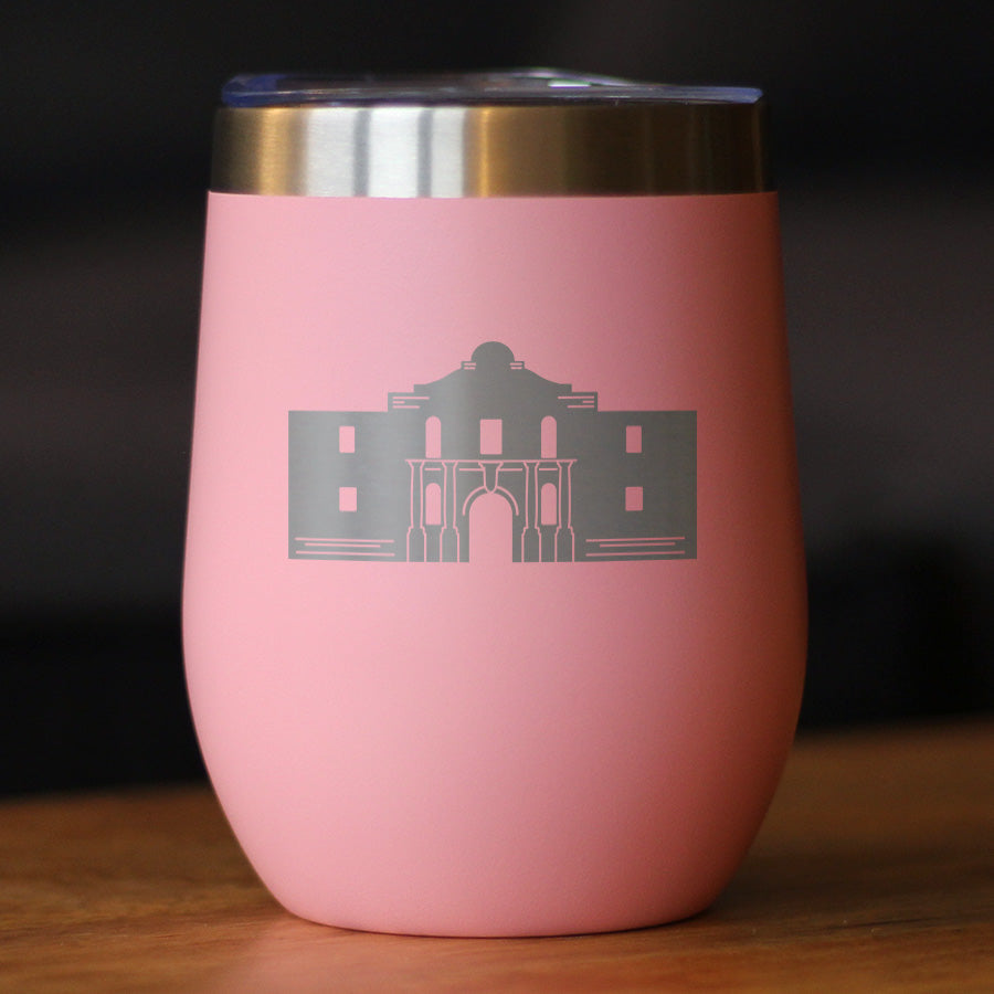 THE ALAMO - WINE TUMBLER CUP WITH SLIDING LID - STAINLESS STEEL INSULATED MUG - STATE OF TEXAS GIFTS AND SOUVENIRS FOR TEXANS