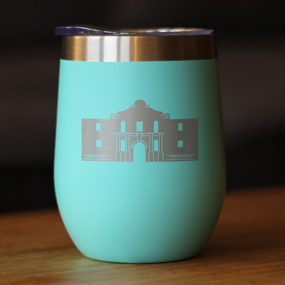 THE ALAMO - WINE TUMBLER CUP WITH SLIDING LID - STAINLESS STEEL INSULATED MUG - STATE OF TEXAS GIFTS AND SOUVENIRS FOR TEXANS