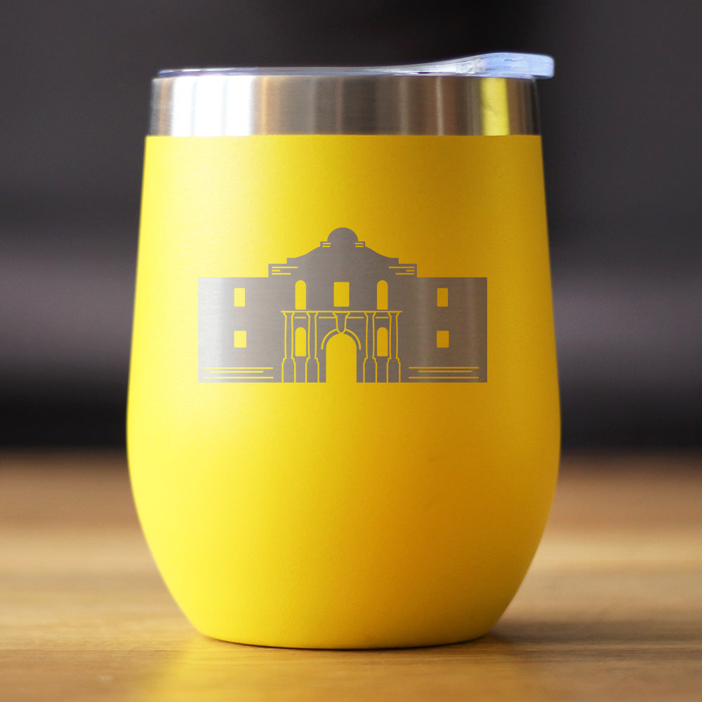 THE ALAMO - WINE TUMBLER CUP WITH SLIDING LID - STAINLESS STEEL INSULATED MUG - STATE OF TEXAS GIFTS AND SOUVENIRS FOR TEXANS