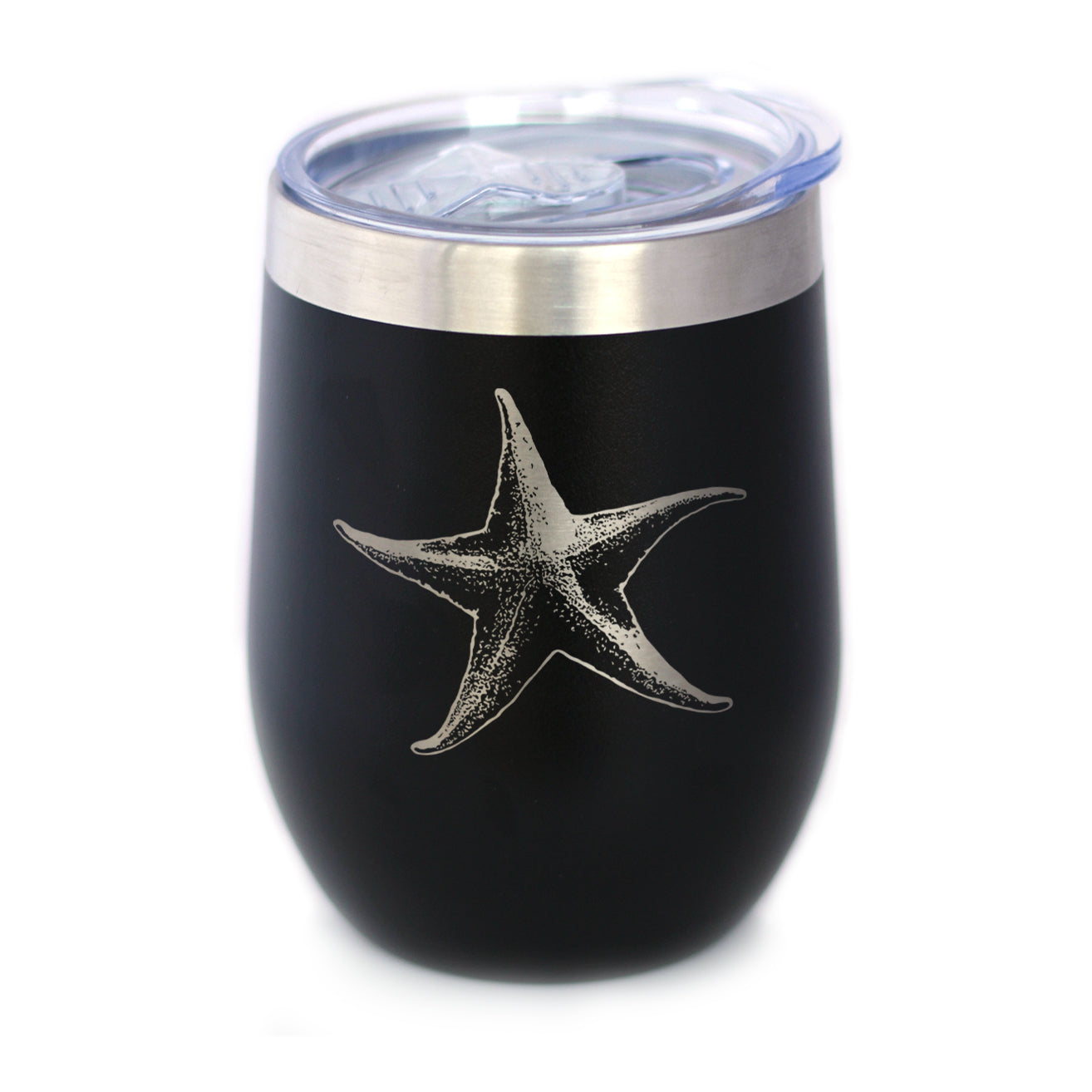 STARFISH - WINE TUMBLER GLASS WITH SLIDING LID - STAINLESS STEEL INSULATED MUG - UNIQUE OCEAN GIFTS FOR WOMEN AND MEN