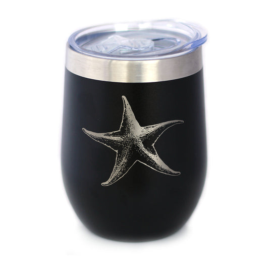 STARFISH - WINE TUMBLER GLASS WITH SLIDING LID - STAINLESS STEEL INSULATED MUG - UNIQUE OCEAN GIFTS FOR WOMEN AND MEN