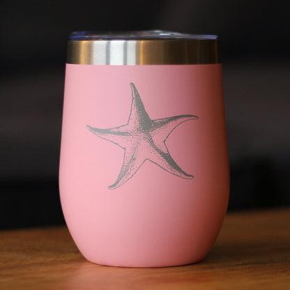 STARFISH - WINE TUMBLER GLASS WITH SLIDING LID - STAINLESS STEEL INSULATED MUG - UNIQUE OCEAN GIFTS FOR WOMEN AND MEN
