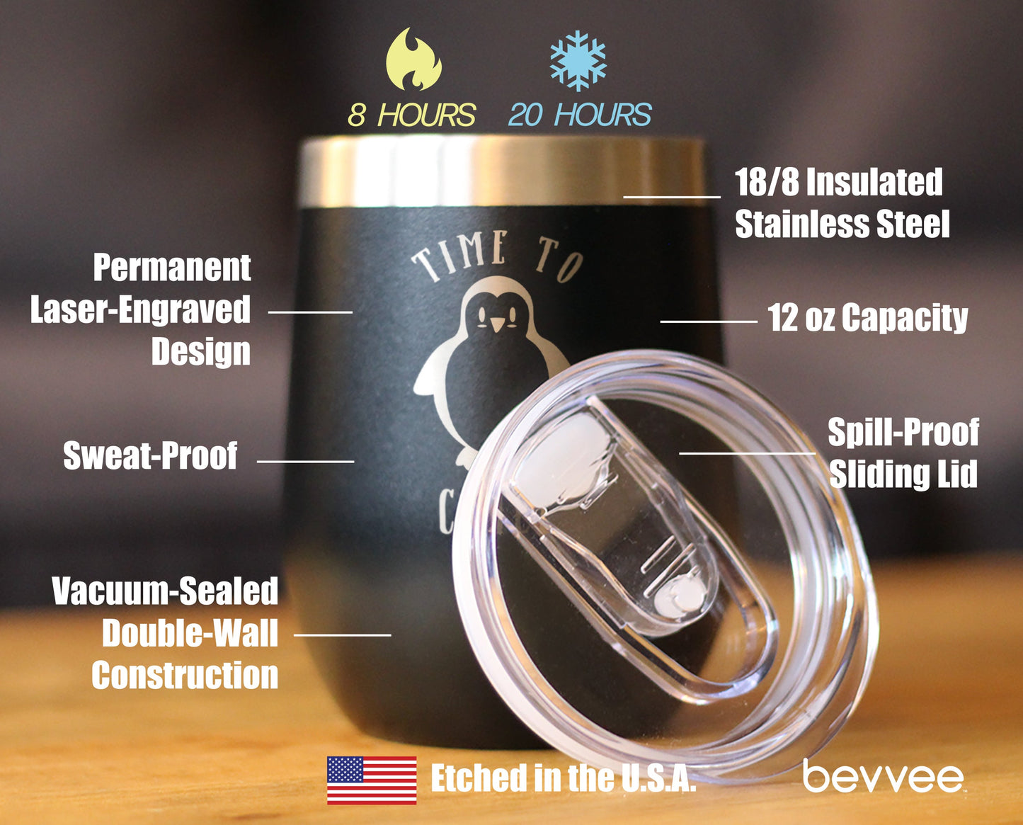 TIME TO CHILL - WINE TUMBLER GLASS WITH SLIDING LID - STAINLESS STEEL TRAVEL MUG - CUTE PENGUIN GIFTS FOR WOMEN AND MEN