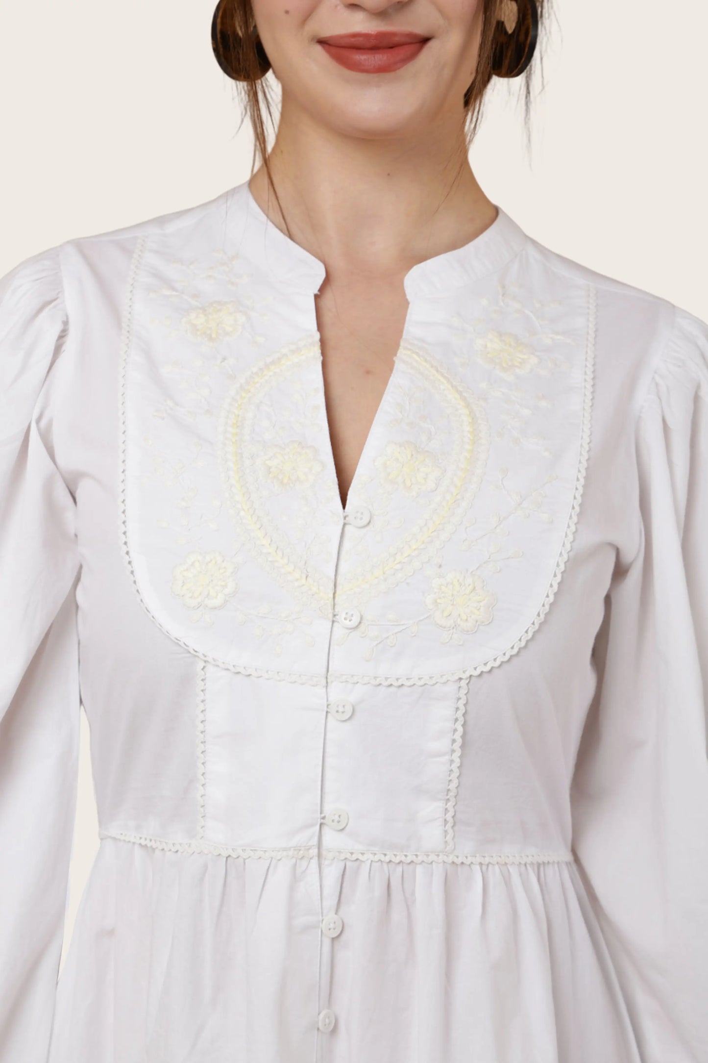 TONAL EMBROIDERED OFF WHITE CASUAL MIDI DRESS - S TO 3XL