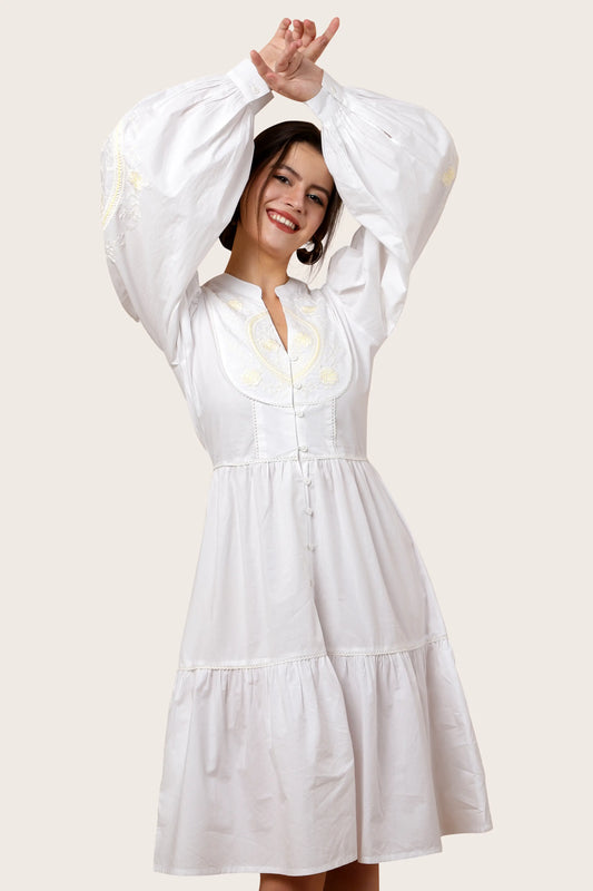 TONAL EMBROIDERED OFF WHITE CASUAL MIDI DRESS - S TO 3XL