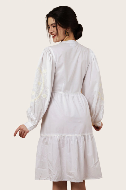 TONAL EMBROIDERED OFF WHITE CASUAL MIDI DRESS - S TO 3XL