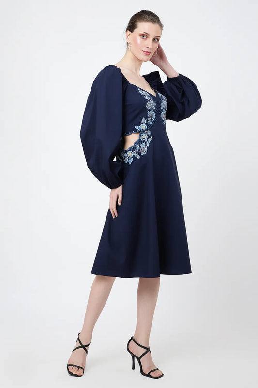 TONAL EMBROIDERED MIDNIGHT BLUE CASUAL MIDI DRESS - AVAILABLE IN 2 COLORS