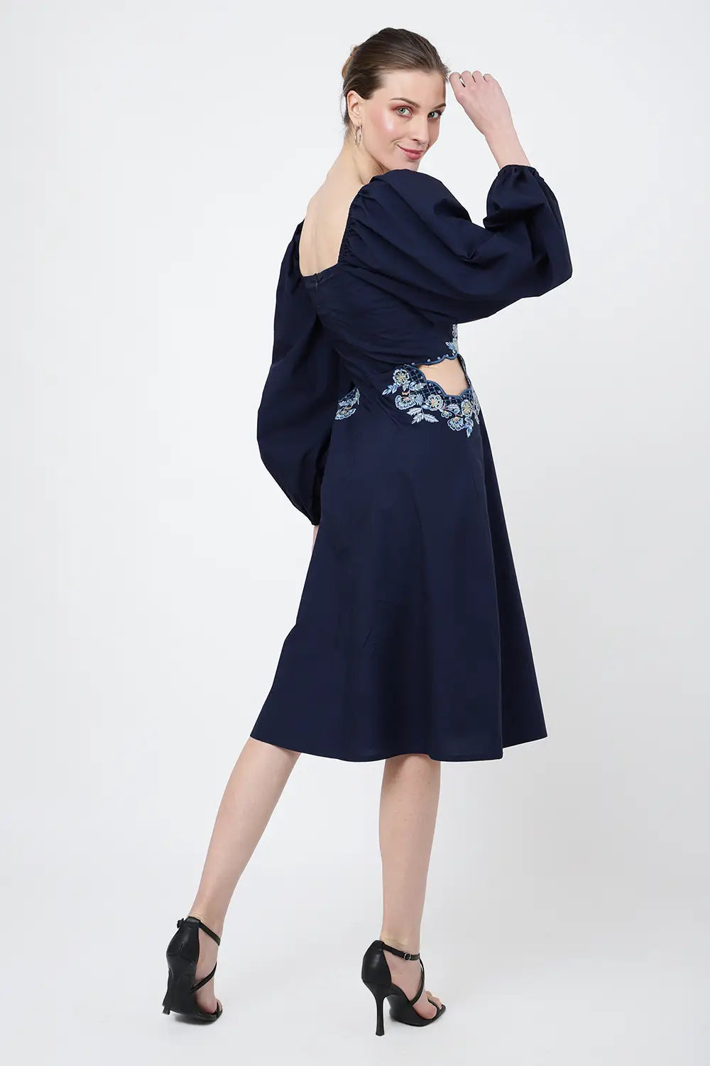 TONAL EMBROIDERED MIDNIGHT BLUE CASUAL MIDI DRESS - AVAILABLE IN 2 COLORS