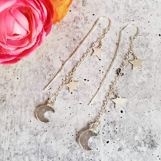 MOON AND STAR DRUZY THREADER EARRINGS