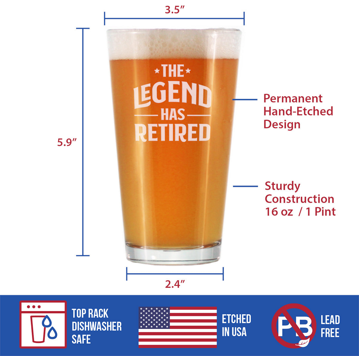 THE LEGEND HAS RETIRED - PINT GLASS FOR BEER - FUNNY RETIREMENT GIFTS FOR BOSS OR COWORKERS - 16 OZ