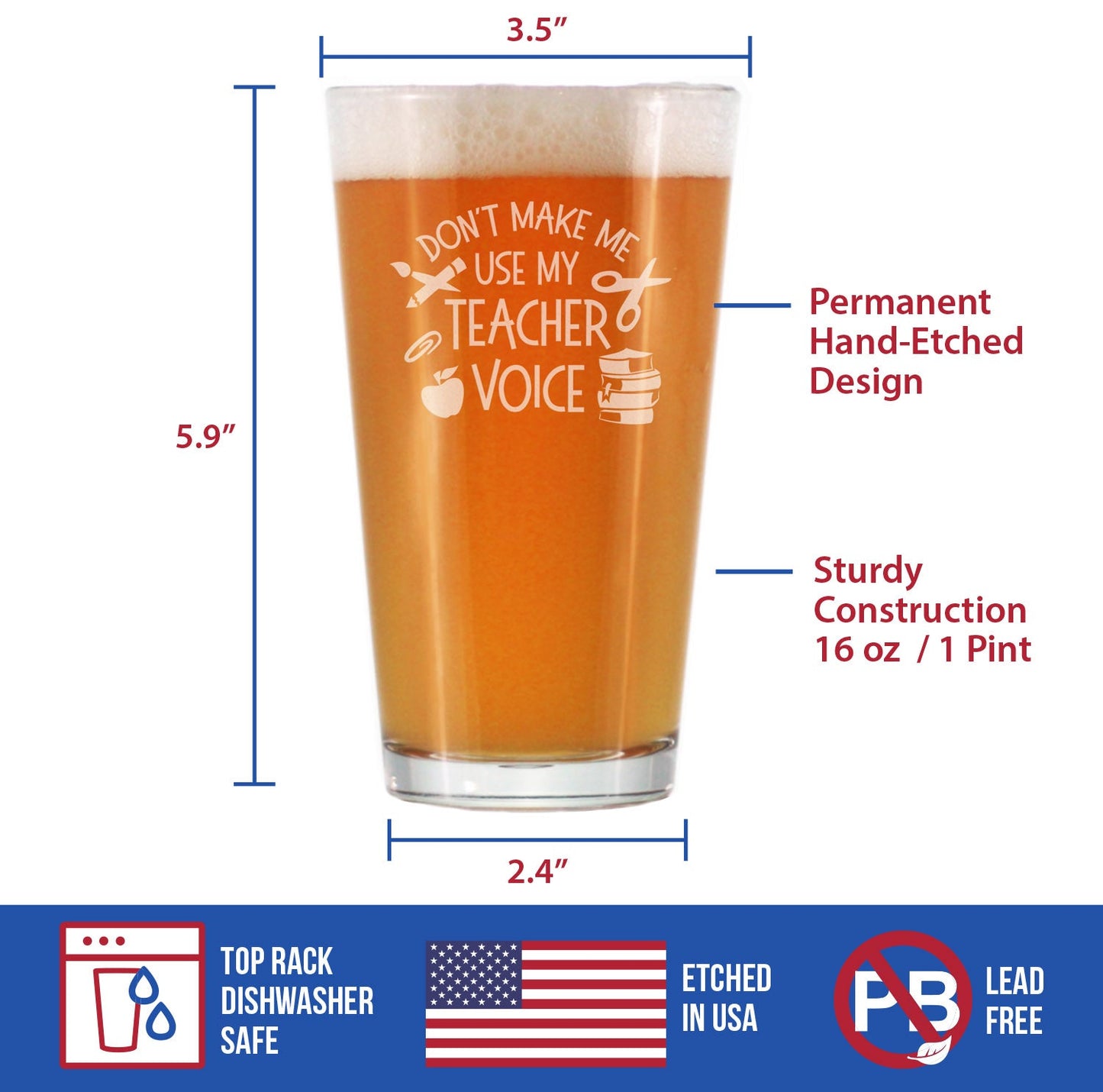 TEACHER VOICE - PINT GLASS FOR BEER - CUTE FUNNY TEACHER GIFTS FOR WOMEN & MEN - FUN TEACHER DECOR - 16 OZ GLASSES