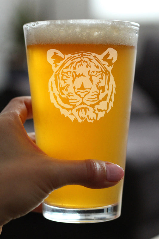 TIGER FACE PINT GLASS FOR BEER - UNIQUE TIGER THEMED DECOR AND GIFTS FOR ANIMAL LOVERS - 16 OZ GLASSES