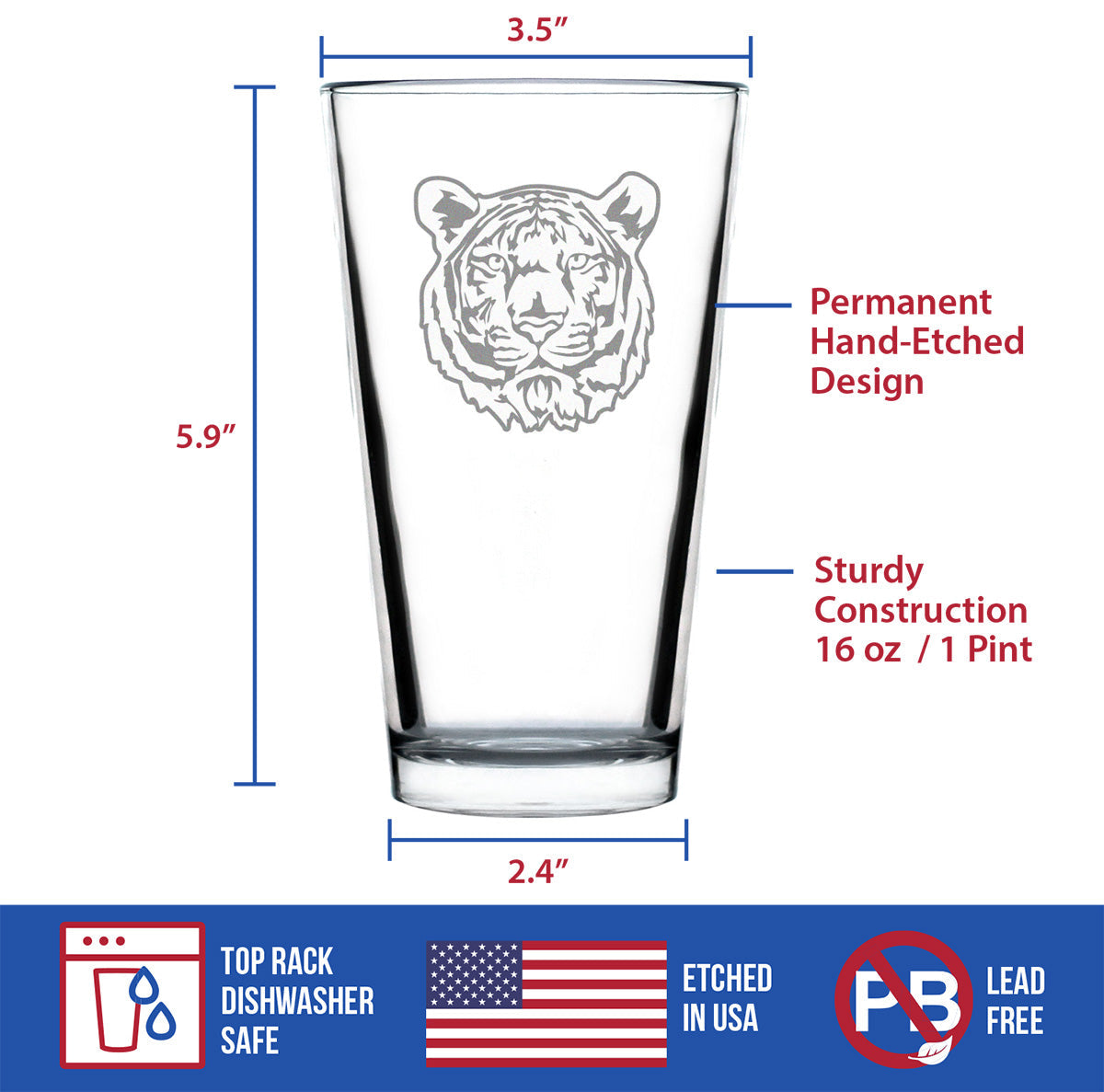 TIGER FACE PINT GLASS FOR BEER - UNIQUE TIGER THEMED DECOR AND GIFTS FOR ANIMAL LOVERS - 16 OZ GLASSES