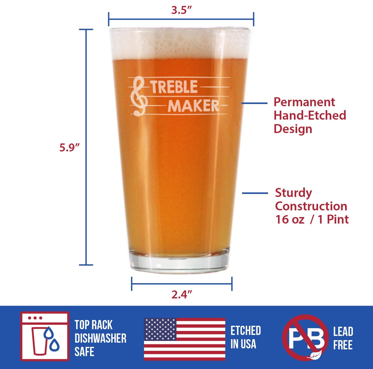 TREBLE MAKER - PINT GLASS FOR BEER - CUTE FUNNY MUSIC TEACHER GIFTS FOR WOMEN AND MEN - FUN UNIQUE MUSICAL DECOR