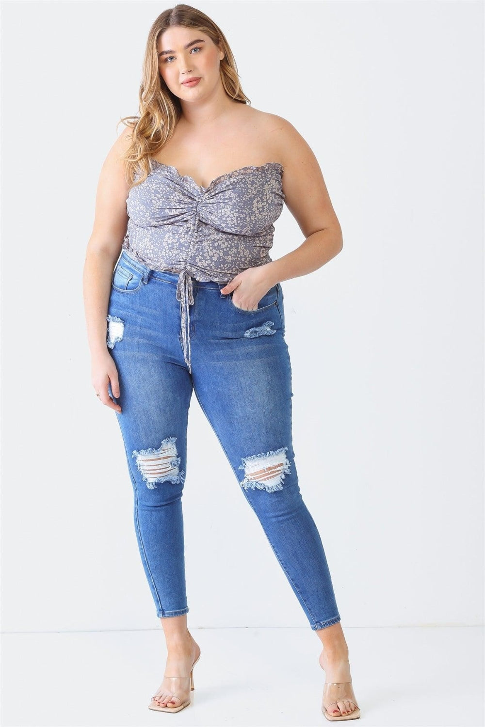 PLUS SIZE DRAWSTRING SMOCKED FLORAL TUBE TOP-Thriftique Marketplace