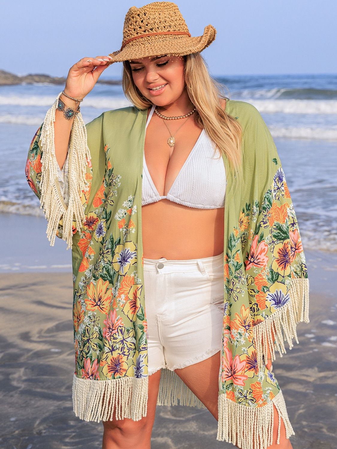 PLUS SIZE FRINGE OPEN FRONT COVER-UP-Thriftique Marketplace