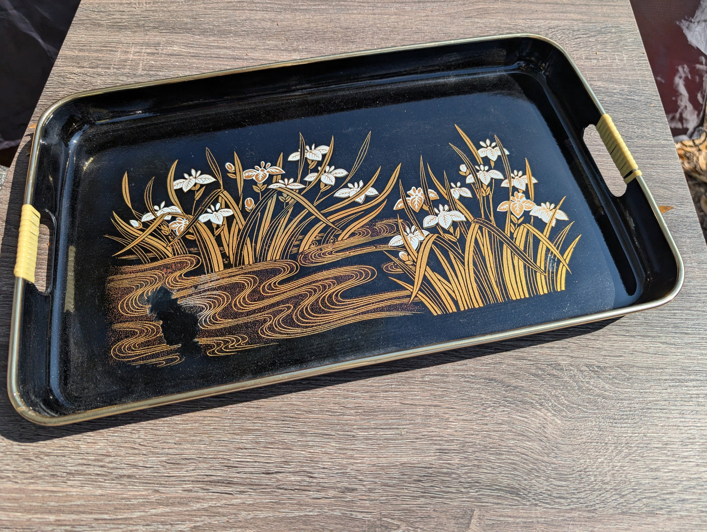 Vintage Floral Japan Japanese Black Lacquer Ware Tray Gold Trim MCM Look Rectangle