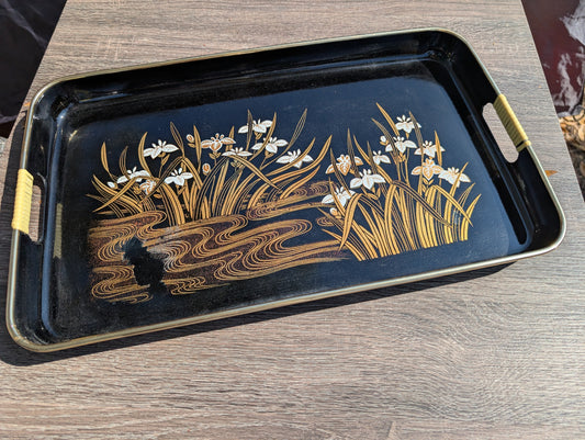 Vintage Floral Japan Japanese Black Lacquer Ware Tray Gold Trim MCM Look Rectangle