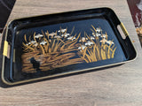 Vintage Floral Japan Japanese Black Lacquer Ware Tray Gold Trim MCM Look Rectangle