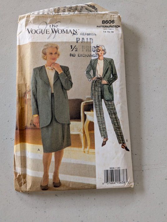 THE VOGUE WOMAN PATTERN 8606 VERY EASY MISSES JACKET, SKIRT, PANTS SIZE 20-22-24(SEWING PATTERN VINTAGE)